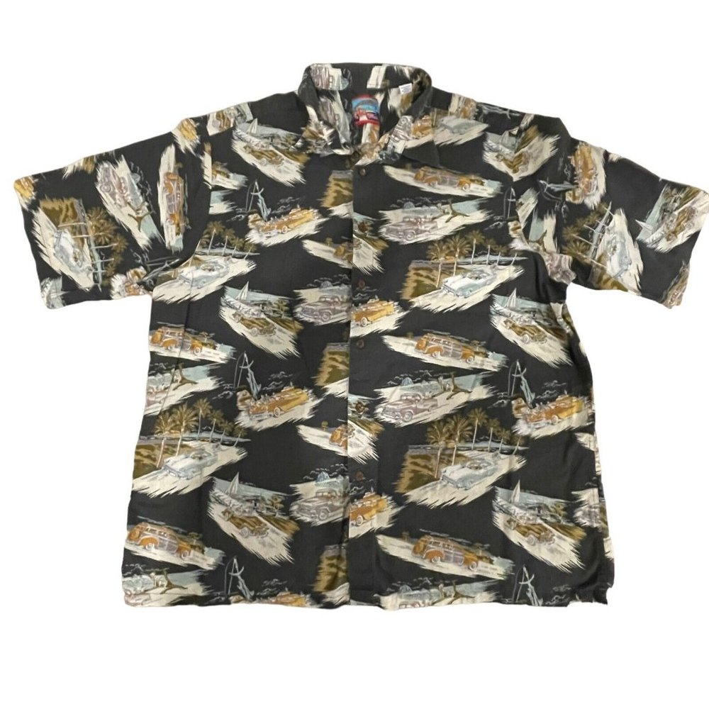 Joe Kealuha’s Reyn Spooner Mens Hawaiian Shirt 2XL Black Car Print Short‎ Sleeve